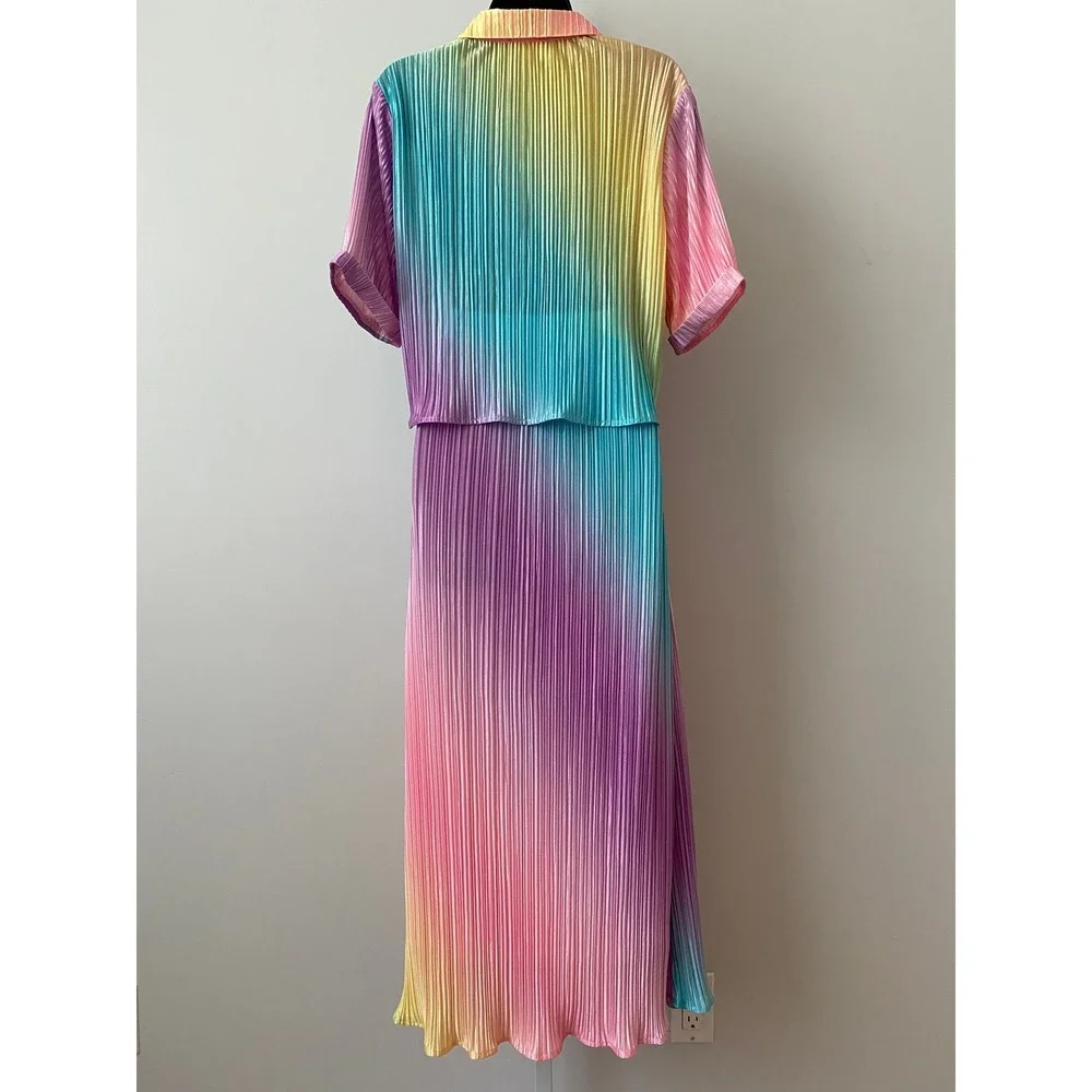 Dressed in lala. Rainbow Pleated Quirky Boho Festival Skirt Set S MultiColor